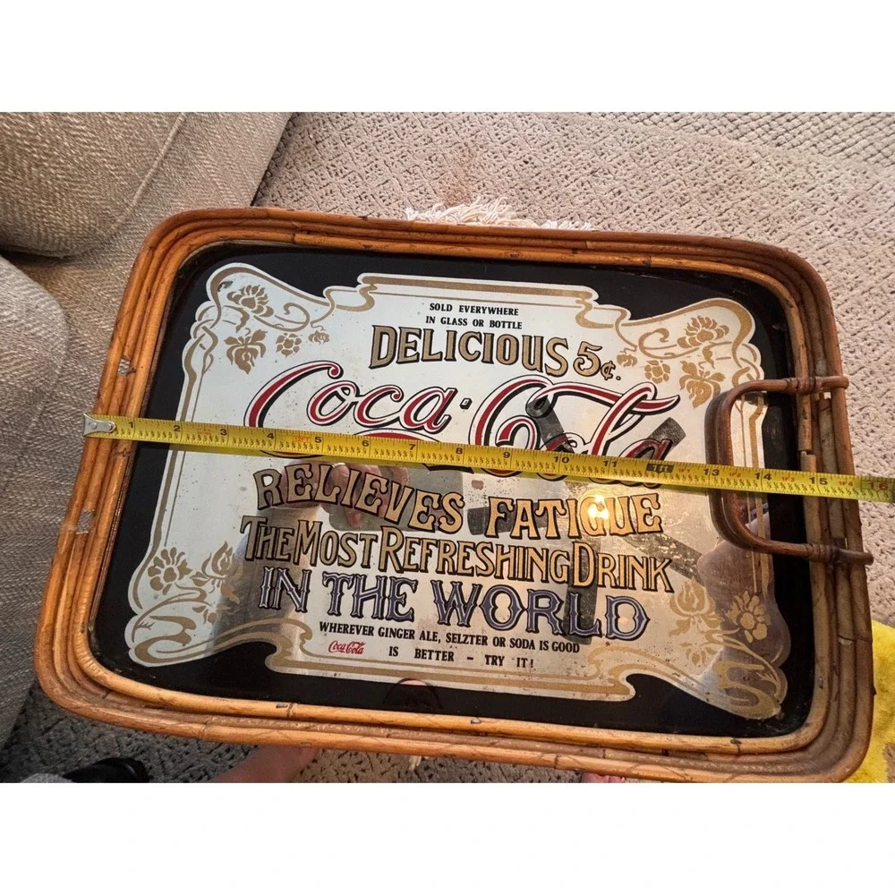 Vintage‎ Coca-Cola Mirror Tray Wicker Rattan Frame Soda Advertising Sign 16x11
